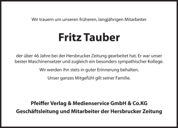 Traueranzeige von Friedrich Tauber von Hersbrucker Zeitung