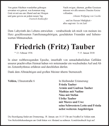 Traueranzeige von Friedrich Tauber von Hersbrucker Zeitung