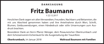 Traueranzeige von Fritz Baumann von Hersbrucker Zeitung