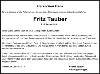 Traueranzeige von Fritz Tauber von Hersbrucker Zeitung