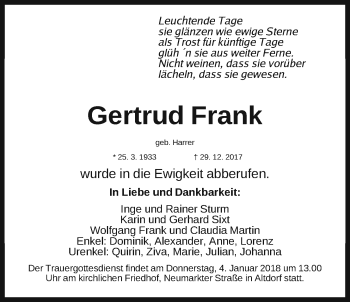 Traueranzeige von Gertrud Frank von Der Bote