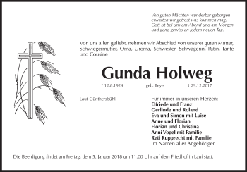 Traueranzeige von Gunda Holweg von Pegnitz-Zeitung