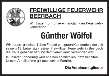 Traueranzeige von Günther Wölfel von Pegnitz-Zeitung