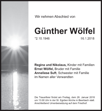 Traueranzeige von Günther Wölfel von Pegnitz-Zeitung