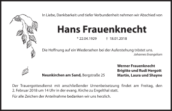 Traueranzeige von Hans Frauenknecht von Pegnitz-Zeitung