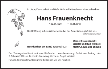 Traueranzeige von Hans Frauenknecht von Hersbrucker Zeitung
