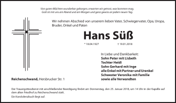 Traueranzeige von Hans Süß von Hersbrucker Zeitung