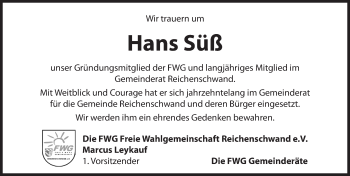 Traueranzeige von Hans Süß von Hersbrucker Zeitung