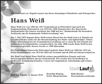 Traueranzeige von Hans Weiß von Pegnitz-Zeitung