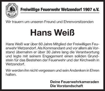 Traueranzeige von Hans Weiß von Pegnitz-Zeitung