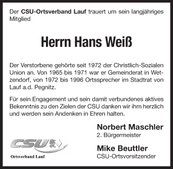 Traueranzeige von Hans Weiß von Pegnitz-Zeitung