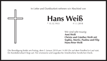 Traueranzeige von Hans Weiß von Pegnitz-Zeitung