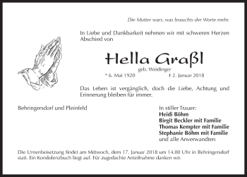 Traueranzeige von Hella Graßl von Pegnitz-Zeitung
