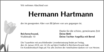 Traueranzeige von Hermann Hartmann von Hersbrucker Zeitung
