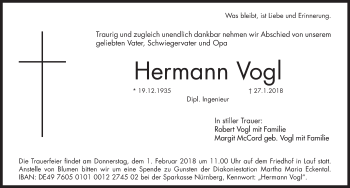 Traueranzeige von Hermann Vogl von Pegnitz-Zeitung