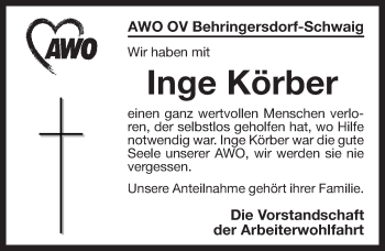 Traueranzeige von Inge Körber von Pegnitz-Zeitung