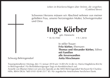 Traueranzeige von Inge Körber von Pegnitz-Zeitung