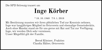 Traueranzeige von Inge Körber von Pegnitz-Zeitung