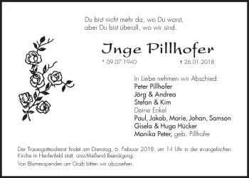 Traueranzeige von Inge Pillhofer von Hersbrucker Zeitung