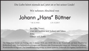 Traueranzeige von Johann Büttner von Pegnitz-Zeitung