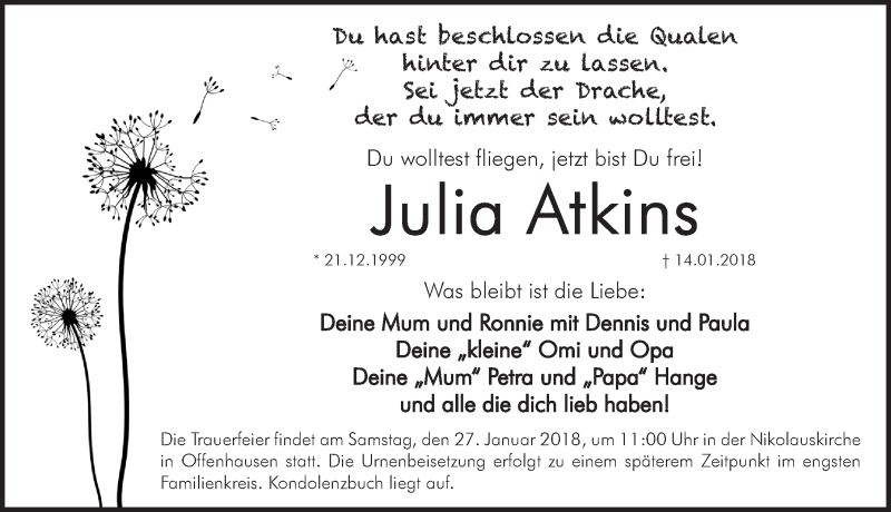  Traueranzeige für Julia Atkins vom 24.01.2018 aus Hersbrucker Zeitung