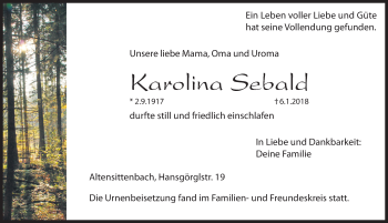 Traueranzeige von Karolina Sebald von Hersbrucker Zeitung