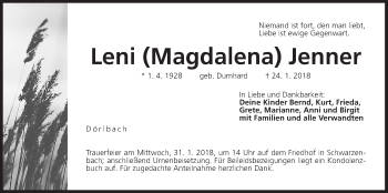 Traueranzeige von Leni Jenner von Der Bote