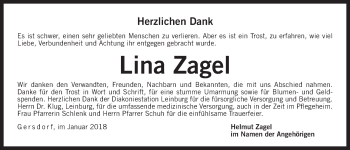 Traueranzeige von Lina Zagel von Der Bote