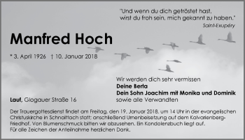Traueranzeige von Manfred Hoch von Pegnitz-Zeitung