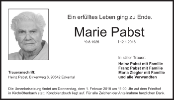 Traueranzeige von Marie Pabst von Pegnitz-Zeitung
