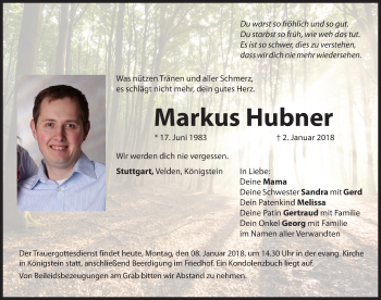 Traueranzeige von Markus Hubner von Hersbrucker Zeitung