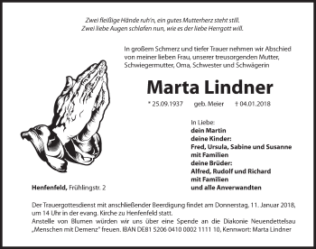 Traueranzeige von Marta Lindner von Hersbrucker Zeitung