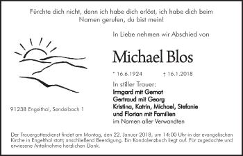 Traueranzeige von Michael Blos von Hersbrucker Zeitung