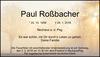 Traueranzeige von Paul Roßbacher von Hersbrucker Zeitung