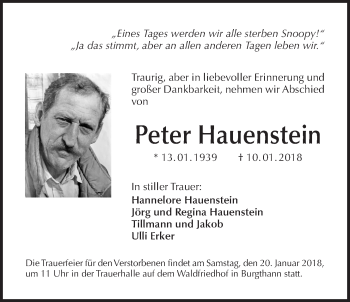 Traueranzeige von Peter Hauenstein von Der Bote