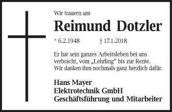 Traueranzeige von Reimund Dotzler von Pegnitz-Zeitung