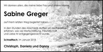 Traueranzeige von Sabine Greger von Pegnitz-Zeitung
