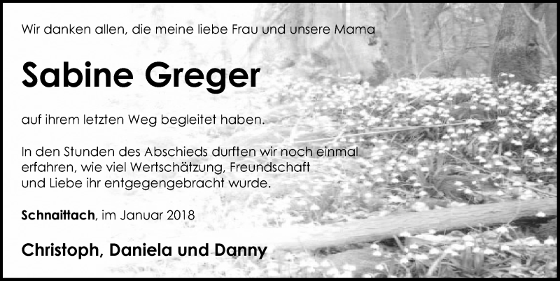  Traueranzeige für Sabine Greger vom 13.01.2018 aus Pegnitz-Zeitung