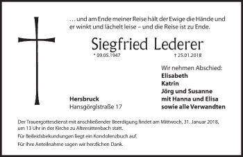 Traueranzeige von Siegfried Lederer von Hersbrucker Zeitung