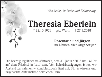 Traueranzeige von Theresia Eberlein von Pegnitz-Zeitung