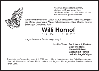Traueranzeige von Willi Hornof von Der Bote