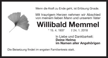 Traueranzeige von Willibald Memmel von Der Bote