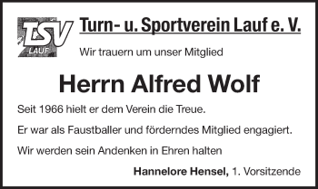 Traueranzeige von Alfred Wolf von Pegnitz-Zeitung