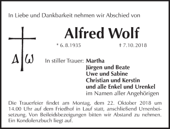 Traueranzeige von Alfred Wolf von Pegnitz-Zeitung