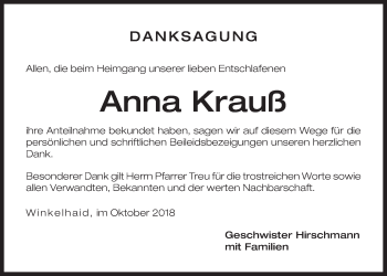 Traueranzeige von Anna Krauß von Der Bote