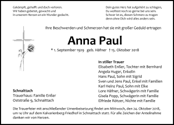 Traueranzeige von Anna Paul von Pegnitz-Zeitung