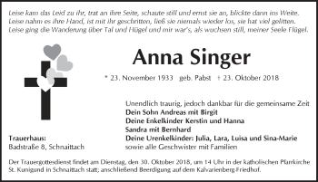 Traueranzeige von Anna Singer von Pegnitz-Zeitung