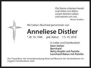 Traueranzeige von Anneliese Distler von Der Bote