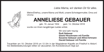 Traueranzeige von Anneliese Gabauer von Der Bote