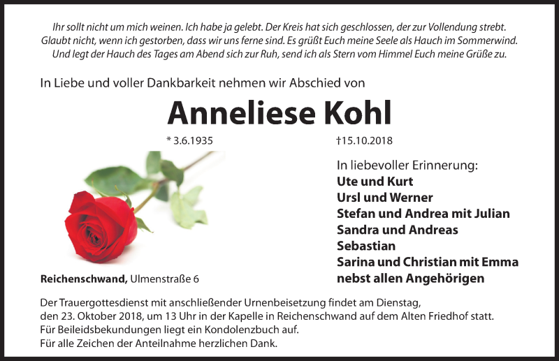  Traueranzeige für Anneliese Kohl vom 20.10.2018 aus Hersbrucker Zeitung